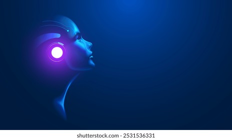 IA Inteligência artificial no rosto humano ou conceito da cabeça. Rede neural artificial em imagem mulher cabeça olhando para cima. Mente de IA.