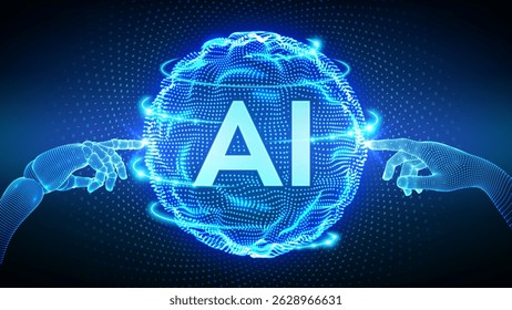 AI. Artificial Intelligence. Human and robot hands touching a wavy grid sphere with binary code. Artificial Intelligence and Machine Learning technology concept. Neural networks. Vector illustration.