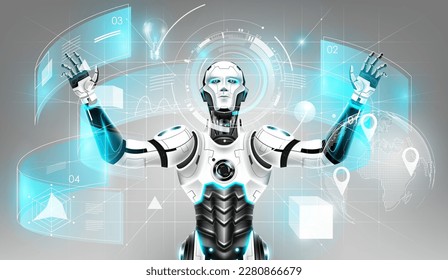 AI Artificial intelligence in humanoid with 3d hologram interface. Future cybernetic artificial intelligence technology concept, vector illustration.