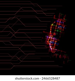 Ai. Artificial intelligence in the humanoid face of the cyber mind with the neural network.  learning processing big data, analysis information technology abstract background red black color concept.
