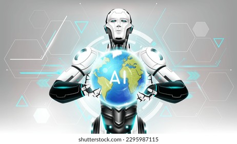 AI Artificial intelligence humanoid holding planet Earth on hand, Artificial Intelligence world technology disruption concept, vector illustration