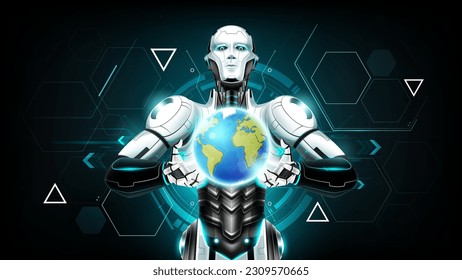 AI Artificial intelligence humanoid holding planet Earth on hand, Artificial Intelligence world technology disruption concept, vector illustration