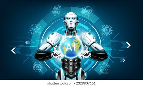 AI Artificial intelligence humanoid holding planet Earth on hand and Ai line icon on technology background, Artificial Intelligence world technology disruption concept, vector illustration