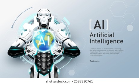 AI Artificial intelligence humanoid holding planet Earth on hand, Artificial Intelligence world technology disruption concept, vector illustration