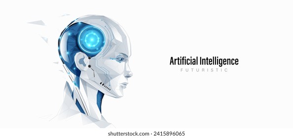 Ai artificial intelligence. Humanoid robot. Futuristic technology. Low poly wireframe with connected dots and lines style design. Vector