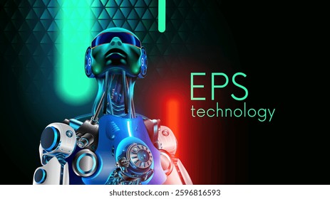 AI. Artificial intelligence humanoid robot concept. Artificial neural network in cyborg looking at up. AI mind. Robot face ai in green, red neon light. Cyborg or robot wise looking at up. Past future.