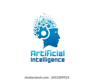 Ai artificial intelligence icon, computer brain, machine learning. Data technology isolated vector emblem with human or robot head profile and brain dots, symbolizing neural networks algorithms