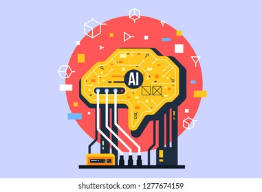 AI, artificial intelligence icon concept, brain with electronic neurons. Flat vector illustration. AI artificial intelligence and human intelligence Concept business illustration.