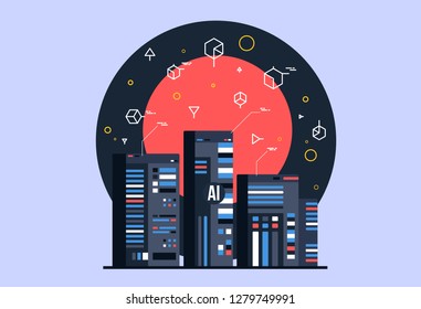 AI, artificial intelligence icon concept, brain with electronic neurons. Flat vector illustration. AI artificial intelligence and human intelligence Concept business illustration.