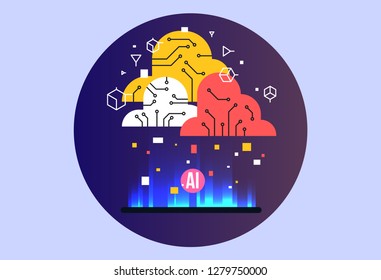 AI, artificial intelligence icon concept, brain with electronic neurons. Flat vector illustration. AI artificial intelligence and human intelligence Concept business illustration.