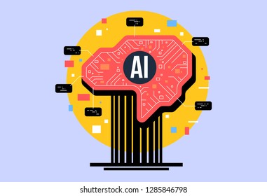 AI, artificial intelligence icon concept, brain with electronic neurons. Flat vector illustration. AI artificial intelligence and human intelligence Concept business illustration.