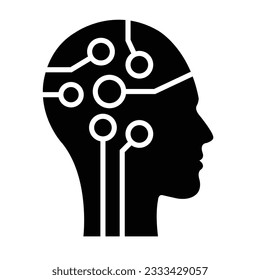 AI, Artificial intelligence icon of human face with a digital chip on brain for computer and techology silhouette illustration