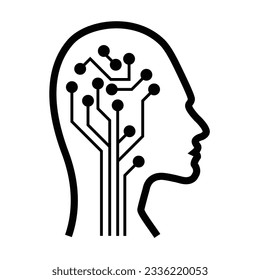 IA, icono de inteligencia artificial de la cara humana con un chip digital en el cerebro para ilustración de silueta de computadora y tecnología