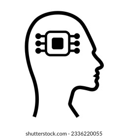 AI, Artificial intelligence icon of human face with a digital chip on brain for computer and technology silhouette illustration