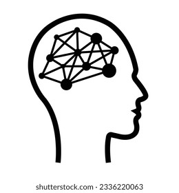 AI, Artificial intelligence icon of human face with a digital chip on brain for computer and technology silhouette illustration