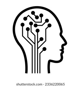 IA, icono de inteligencia artificial de la cara humana con un chip digital en el cerebro para ilustración de silueta de computadora y tecnología