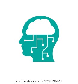 Ai or artificial intelligence icon isolated on white. Self learning algorithm symbol with a human head and socket lines.