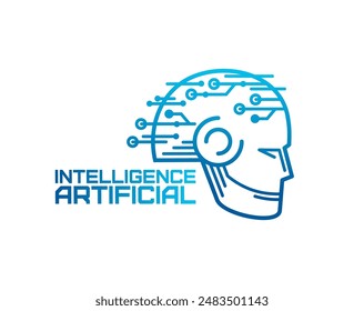 AI artificial intelligence icon, machine learning. Isolated vector blue outline human or robot head with circuit connections, symbolizing technology, and digital innovation concepts for tech projects