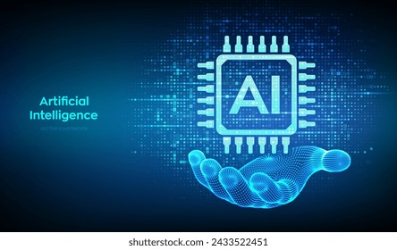 AI. Artificial intelligence. AI icon made with binary code in wireframe hand. Binary data and streaming digital code background. Matrix background with digits 1.0. Vector illustration.