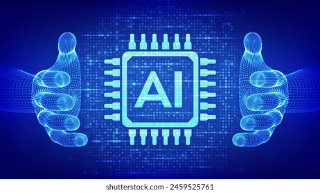 AI. Artificial intelligence. AI icon made with binary code in wireframe hands. Binary data and streaming digital code background. Matrix background with digits 1.0. Vector illustration.