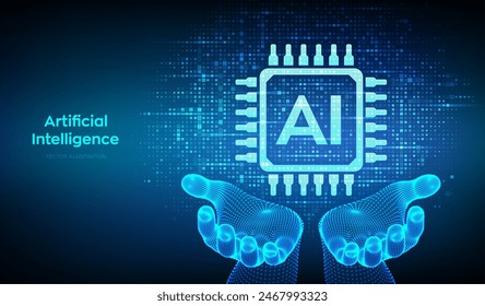 AI. Artificial intelligence. AI icon made with binary code in wireframe hands. Binary data and streaming digital code background. Matrix background with digits 1.0. Vector illustration.