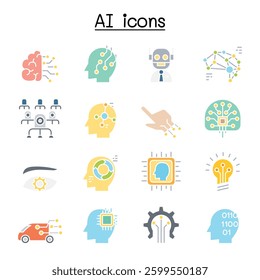 AI, Artificial intelligence icon set in flat color style