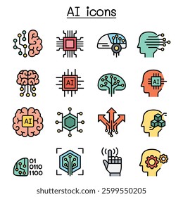 AI, Artificial intelligence icon set in colorline style