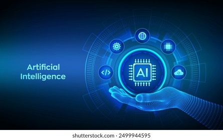 AI. Artificial Intelligence icon in wireframe hand. Machine Learning. Artificial Intelligence for big data analytics. Neural networks. Deep Learning. AI and virtual technology. Vector illustration.