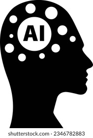 AI, Artificial intelligence icon of woman human face with a digital chip on brain for computer and technology silhouette illustration