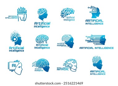 Iconos de inteligencia artificial de IA, aprendizaje automático, tecnología de datos. Robot y cabeza humana con siluetas de Vector cerebral tecnológico. Cerebro o mente digital con símbolos de patrón de placa de circuito de chip y computadora