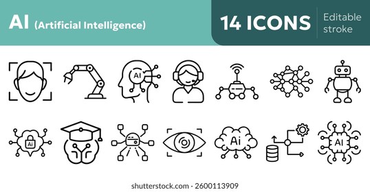 AI artificial intelligence icons neural networks, robots, machine learning models, NLP, computer vision, quantum AI
