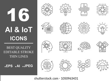 AI (artificial intelligence) icons set. Editable Stroke. EPS 10