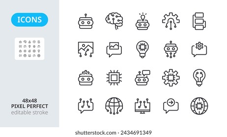 Iconos de inteligencia artificial AI. Las tecnologías inteligentes para el robot son el cerebro. Solicitar la configuración de una solicitud de equipo. Algoritmos de la mente. Línea de símbolos pixel perfecto y editable trazo 48x48.