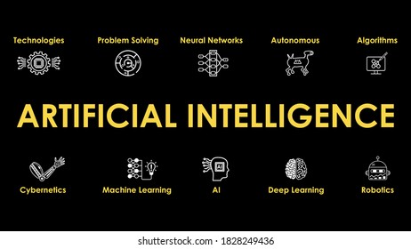 AI, Artificial Intelligence illustration. Thematic web icons set. Banner for the presentation, website or social media design. Vector infographic banner isolated on black background.