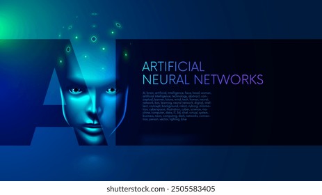 AI or Artificial Intelligence in image face or head woman with lighting brain. Artificial Intelligence technology abstract conceptual banner. Future tech human face. Neural network. AI bot learning.