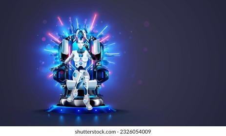 AI or artificial intelligence in image female cyborg queen. Robot woman majestic sitting on throne in neon glow. Sci-fi illustration of artificial intelligence computer neural network. AI rules world.