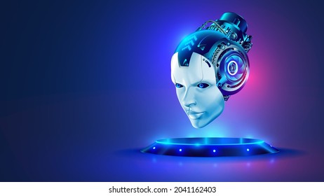 AI or artificial intelligence in image robot head hover over podium in virtual cyberspace. Humanoid face of mechanical cyborg with electronic brain or mind. Neural network or supercomputer on pedestal