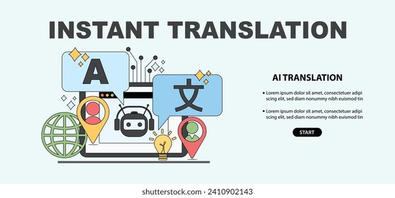 AI, artificial intelligence Instant Translation Concept. Ai Help to Translate Worldwide Language on Online App. Self-Learning Computing System Processing Data Technology. Flat Vector Web Banner. 