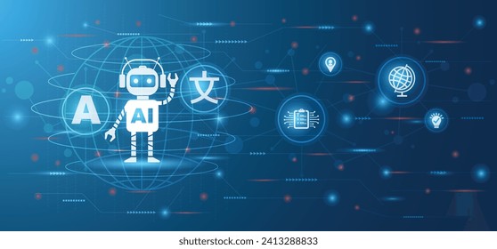 AI, artificial intelligence Instant Translation Concept. Ai Help to Translate Worldwide Language on Online App. Self-Learning Computing System Processing Data Technology. Flat Vector Web Banner.