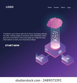 AI (Artificial Intelligence) isometric  design, brain isometric concept, technology, AI data, AI Illustration