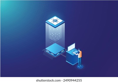 AI (Artificial Intelligence) isometric design, brain isometric concept, technology, AI data, AI Illustration