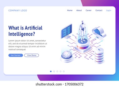 Ai, artificial intelligence isometric landing page. Cyborg surrounded with human brain, laptop, cloud storage and server. Robot innovation, virtual data, futuristic technologies 3d vector web banner