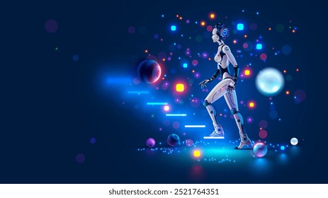 AI or artificial intelligence learning. Machine learning of artificial neural networks. Woman robot or cyborg with AI goes up sci-fi futuristic stairs in cyberspace. AI robotics future technology.