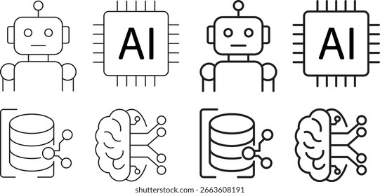 (AI) Artificial Intelligence Line Icons Set, thin and bold Robot, Microchip, Database, Brain Technology Symbols logo icon set 