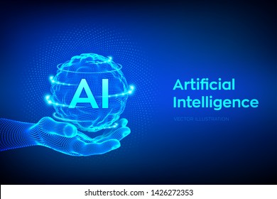 AI. Artificial Intelligence Logo in hand. Artificial Intelligence and Machine Learning Concept. Sphere grid wave with binary code. Big data innovation technology. Neural networks. Vector illustration.