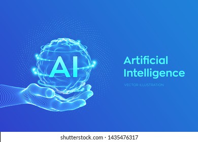 AI. Artificial Intelligence Logo in hand. Artificial Intelligence and Machine Learning Concept. Sphere grid wave with binary code. Big data innovation technology. Neural networks. Vector illustration.