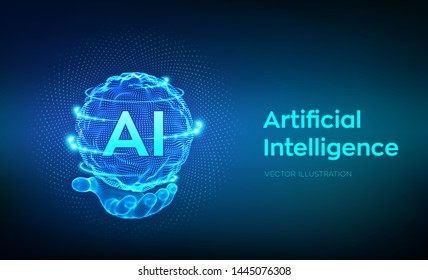 AI. Artificial Intelligence Logo in hand. Artificial Intelligence and Machine Learning Concept. Sphere grid wave with binary code. Big data innovation technology. Neural networks. Vector illustration.