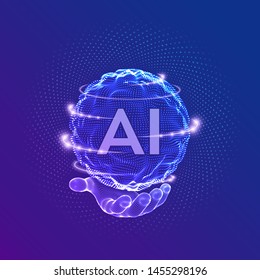 AI. Artificial Intelligence Logo in hand. Artificial Intelligence and Machine Learning Concept. Sphere grid wave with binary code. Big data innovation technology. Neural networks. Vector illustration.