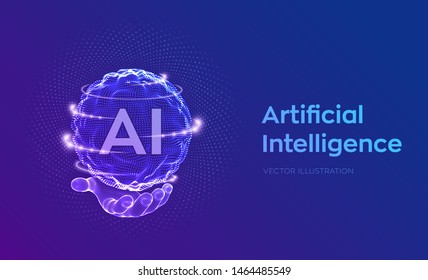 AI. Artificial Intelligence Logo in hand. Artificial Intelligence and Machine Learning Concept. Sphere grid wave with binary code. Big data innovation technology. Neural networks. Vector illustration.