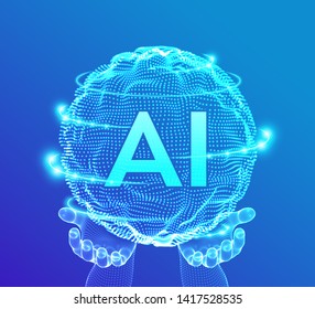 AI Artificial Intelligence Logo in hands. Artificial Intelligence and Machine Learning Concept. Sphere grid wave with binary code. Big data innovation technology. Neural networks. Vector illustration.